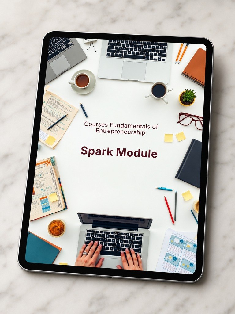 A tablet lying on a light marble surface, displaying a digital course cover titled 'Courses Fundamentals of Entrepreneurship' and 'Spark Module' over a styled desk scene with laptops, notebooks, coffee cups, and hands typing.