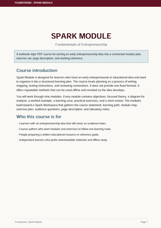 A single-page document titled 'SPARK MODULE' from Foundrya / Spark Module, showing course introduction text on a white page with dark gray and blue text.
