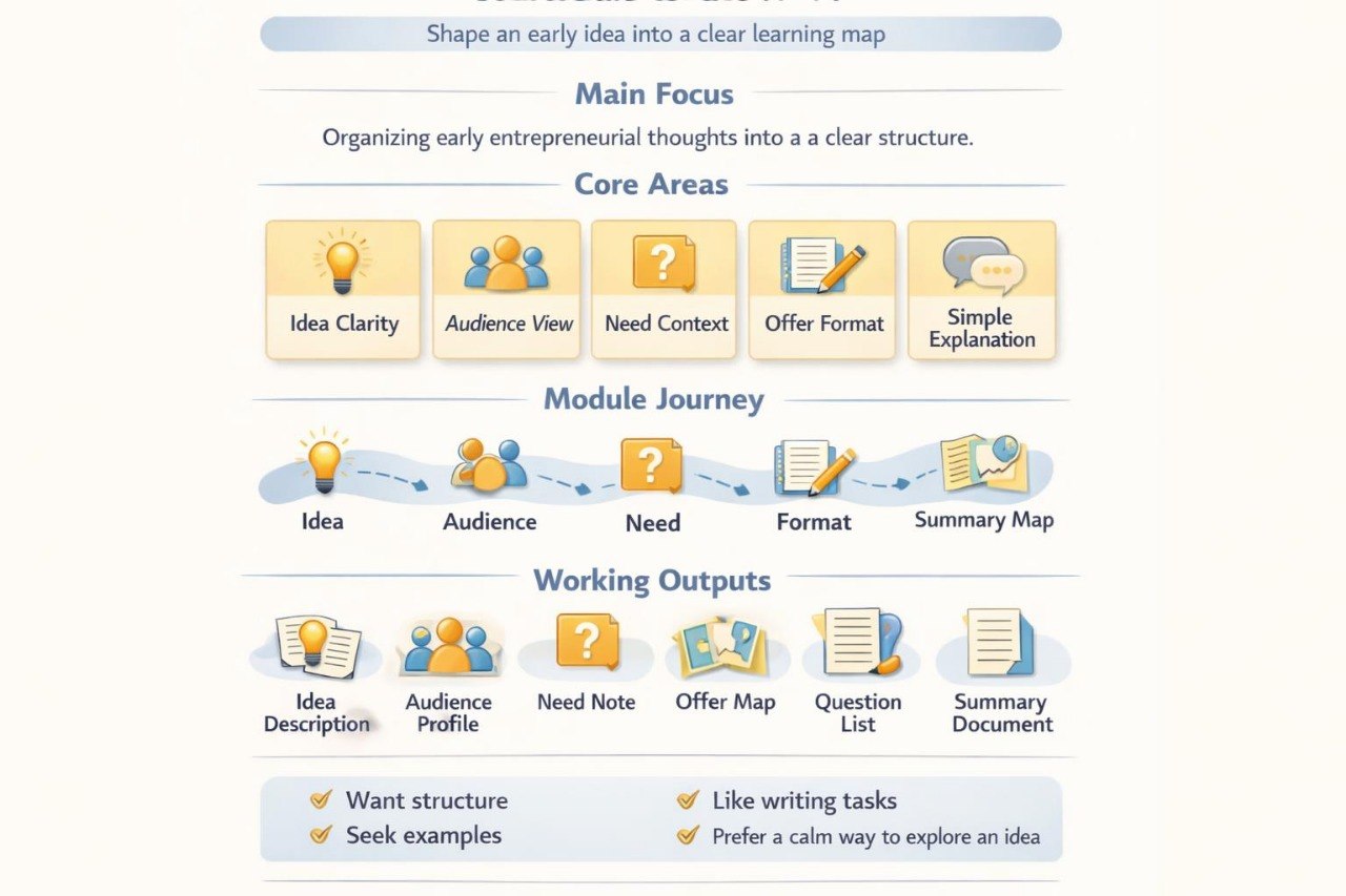 An infographic-style diagram with headings and icons explaining how to shape an early idea into a clear learning map, including sections for Main Focus, Core Areas, Module Journey, and Working Outputs.