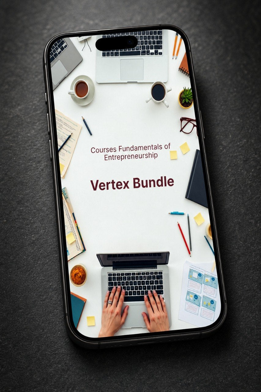 A smartphone lying on a dark textured surface, displaying a course cover titled "Courses Fundamentals of Entrepreneurship" and "Vertex Bundle" over a styled flat-lay workspace scene with laptops, coffee cups, sticky notes, and hands typing.