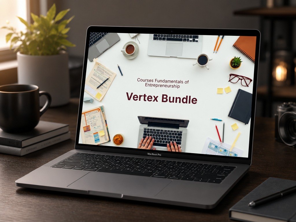 An open laptop on a wooden desk displaying a course cover titled 'Courses Fundamentals of Entrepreneurship Vertex Bundle.' The scene includes a mug, notebook, camera, and plant in a real indoor environment, so this is Lifestyle rather than Product/Packaging.