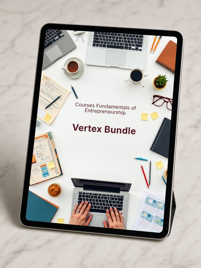 A tablet device standing upright on a marble surface, displaying a course cover titled "Courses Fundamentals of Entrepreneurship" and "Vertex Bundle" over a styled desk scene with laptops, coffee cups, notebooks, sticky notes, and glasses.