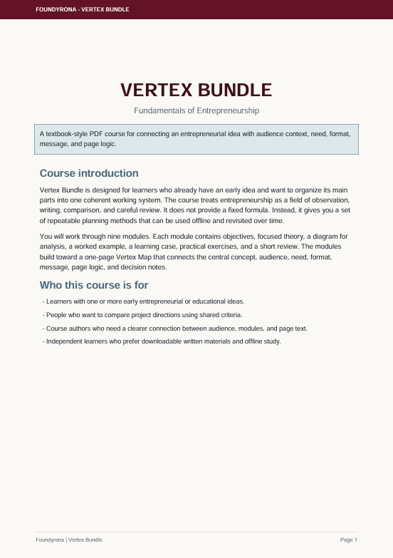 A digital document page for the 'Vertex Bundle: Fundamentals of Entrepreneurship' by Foundry / Vertex Bundle, featuring course introduction and 'Who this course is for' sections on a white background with a dark maroon header.